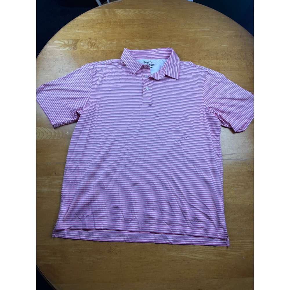 Straight Down Performance Mens XL Pink White Striped Golf Polo Shirt SS